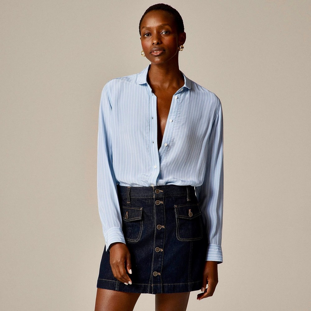 NWT!! J. CREW Jules Club Collar Shirt Striped Crepe De Chine Blue Stripe Size 00
